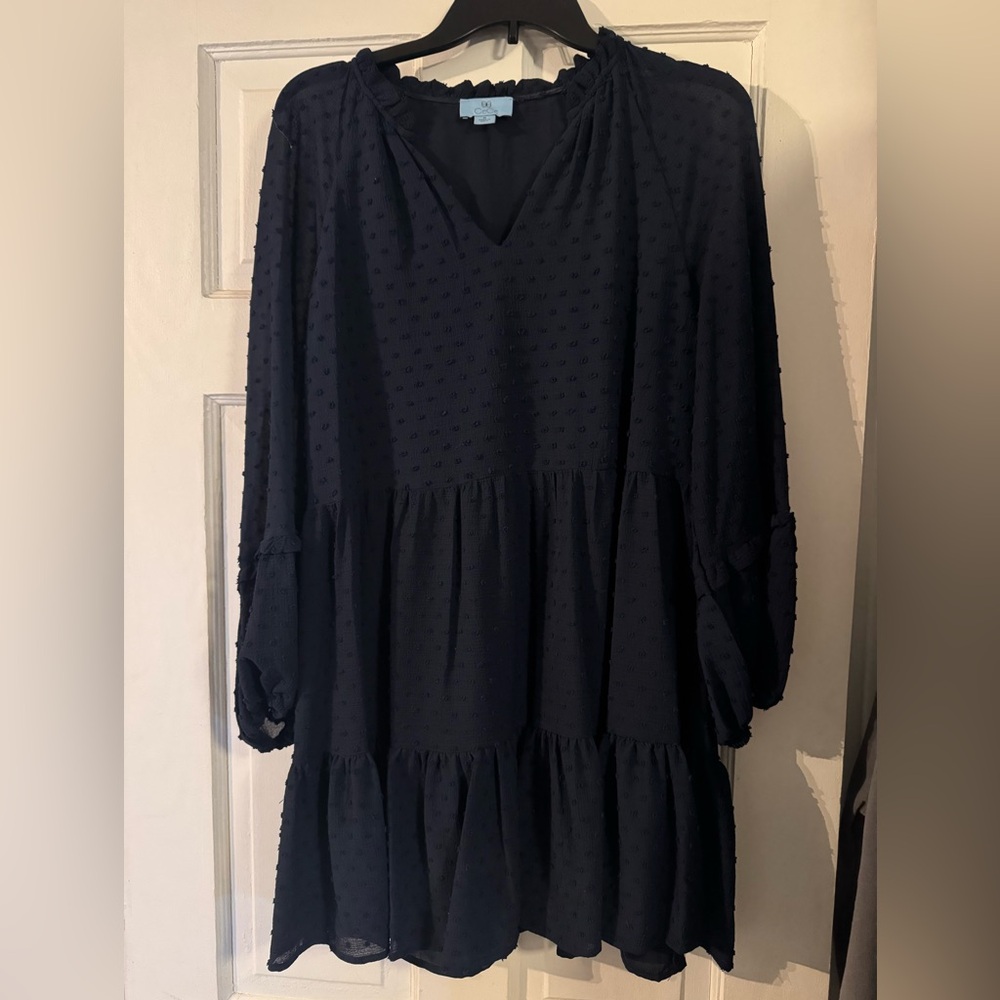 CeCe navy Ruffled Neckline Dress